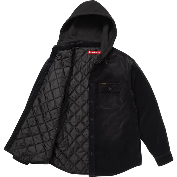 Supreme Quilted Lined Hooded Velvet Shirt - Black (front)