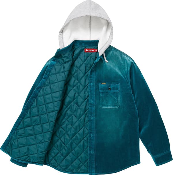 Supreme Quilted Lined Hooded Velvet Shirt - Teal (front)