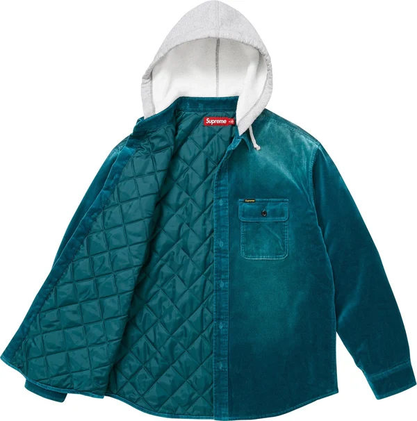 Supreme Quilted Lined Hooded Velvet Shirt - Teal (front)