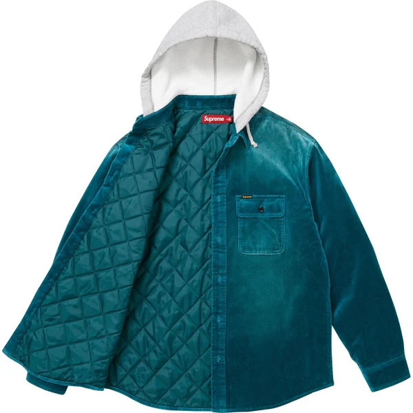 Supreme Quilted Lined Hooded Velvet Shirt - Teal (front)