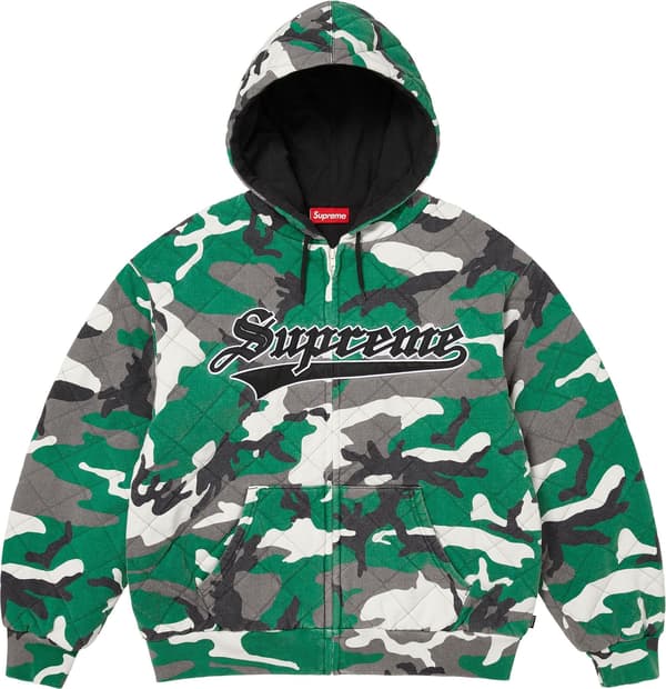 Supreme Quilted Zip Up Hooded Sweatshirt - Green Camo (front)