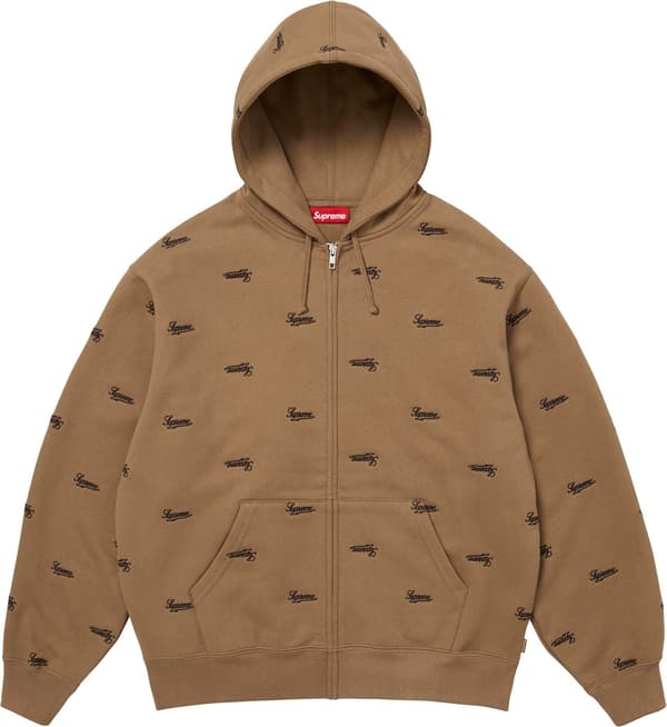 Supreme Repeat Script Zip Up Hooded Sweatshirt - Dark Khaki (front)