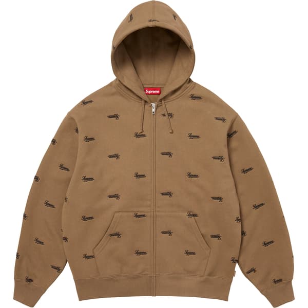 Supreme Repeat Script Zip Up Hooded Sweatshirt - Dark Khaki (front)