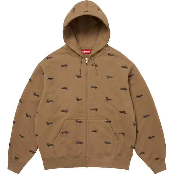 Supreme Repeat Script Zip Up Hooded Sweatshirt - Dark Khaki (front)