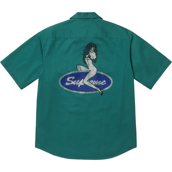 Supreme Rhinestone Pin Up S/S Work Shirt - Work Green (front)