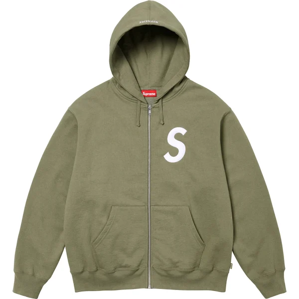 Supreme S Logo Zip Up Hooded Sweatshirt - Light Olive (front)