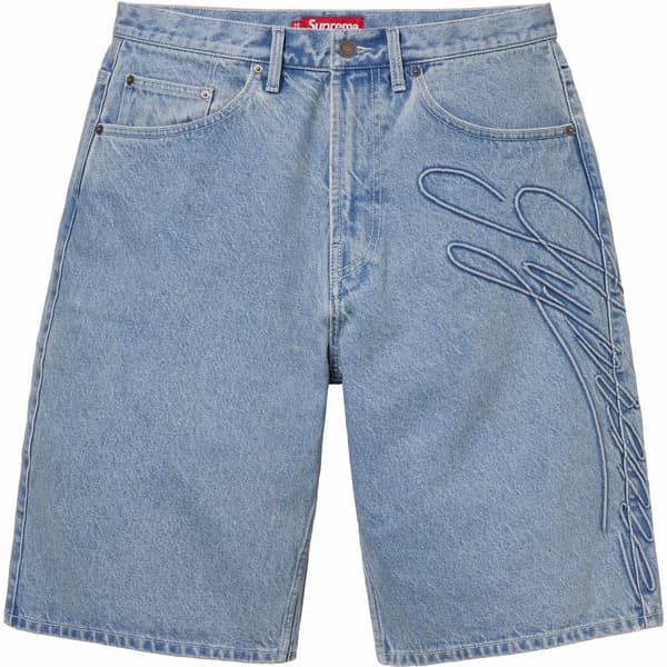 Supreme Script Baggy Denim Short - Washed Indigo (front)