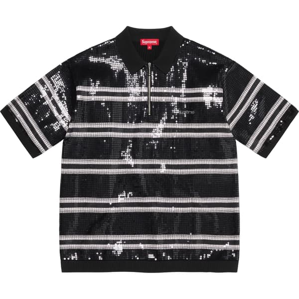 Supreme Sequin Stripe Zip Polo - Black (front)