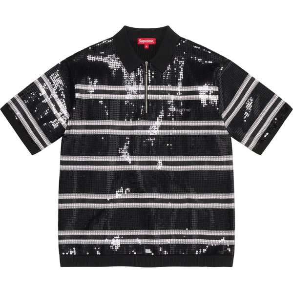 Supreme Sequin Stripe Zip Polo - Black (front)
