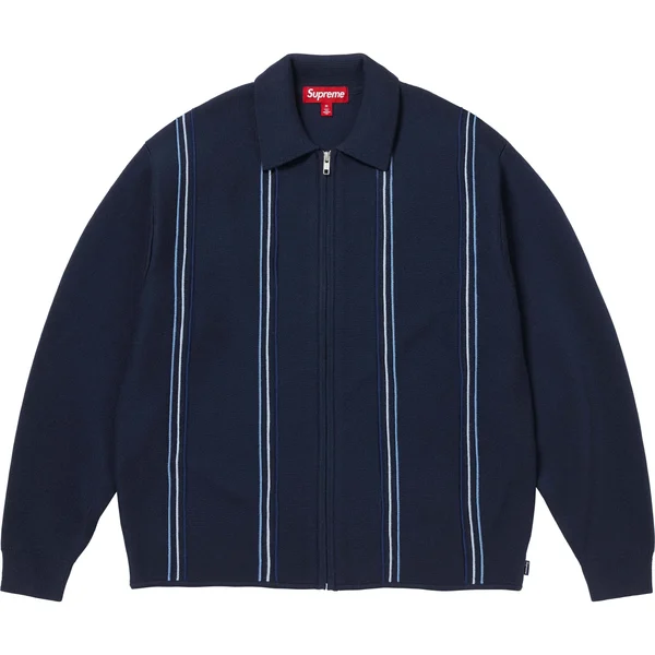 Supreme Stripe Zip Up Polo Sweater - Navy (front)