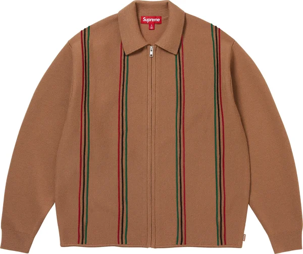 Supreme Stripe Zip Up Polo Sweater - Tan (front)