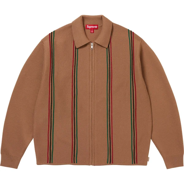Supreme Stripe Zip Up Polo Sweater - Tan (front)