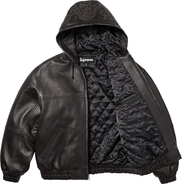 Supreme Studded Hooded Leather Jacket - Black (front)
