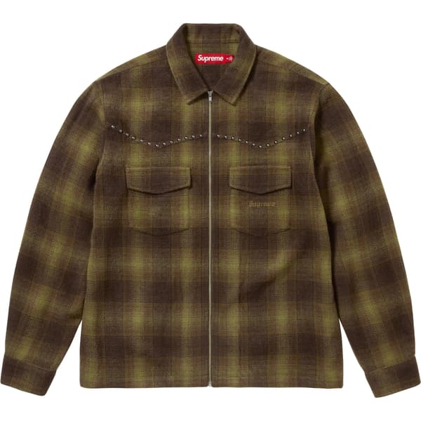 Supreme Studded Shadow Plaid Zip Up Shirt - Olive (front)