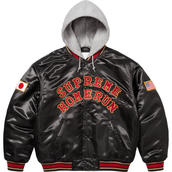 Supreme Homerun Satin Hooded Varsity Jacket - Black (front)