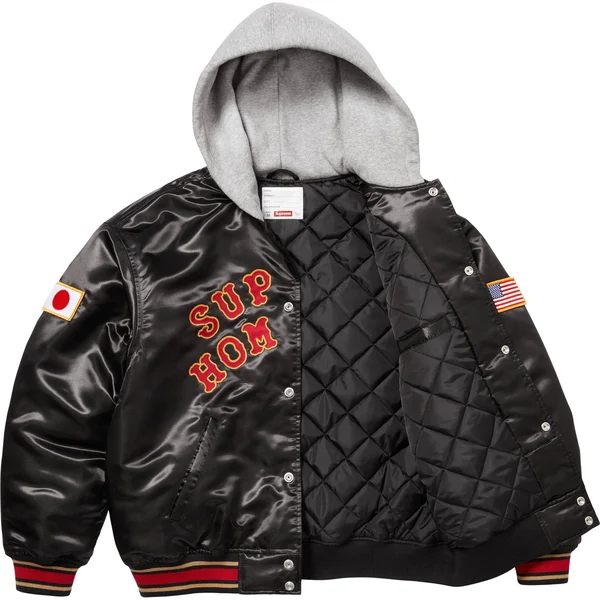 Supreme Homerun Satin Hooded Varsity Jacket - Black (front)
