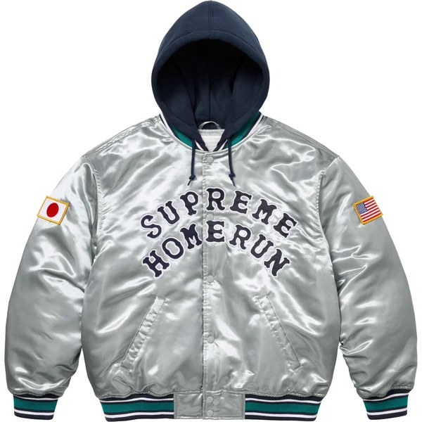 Supreme Homerun Satin Hooded Varsity Jacket - Silver (front)