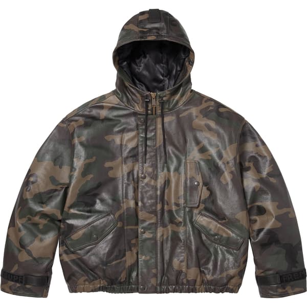 Supreme Marithé + François Girbaud Hooded Leather Flight Bomber Jacket - Woodland Camo (front)