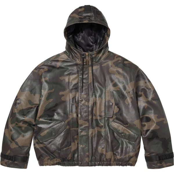 Supreme Marithé + François Girbaud Hooded Leather Flight Bomber Jacket - Woodland Camo (front)