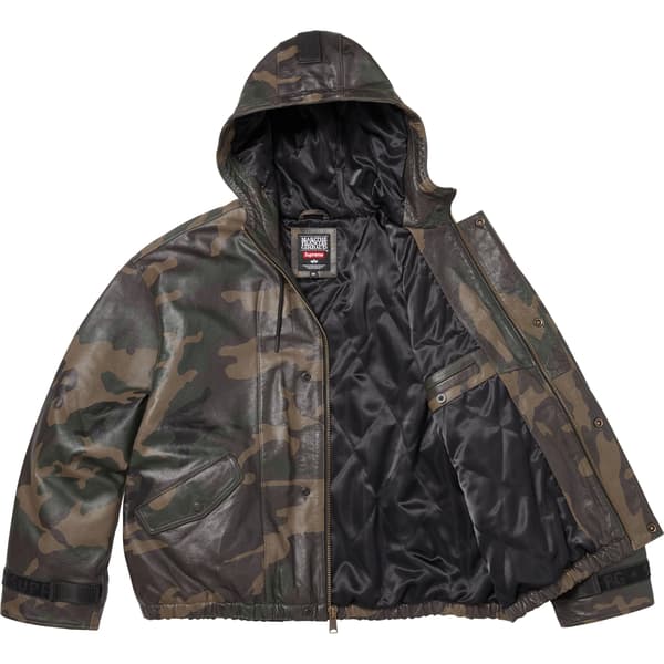 Supreme Marithé + François Girbaud Hooded Leather Flight Bomber Jacket - Woodland Camo (front)