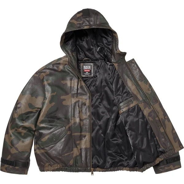 Supreme Marithé + François Girbaud Hooded Leather Flight Bomber Jacket - Woodland Camo (front)