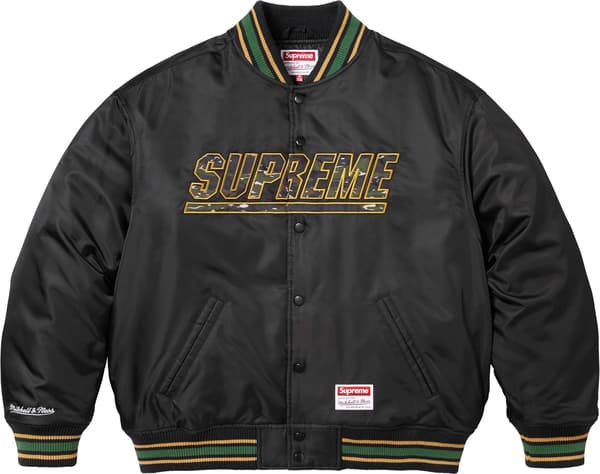 Supreme Mitchell &amp; Ness Camo Logo Varsity Jacket - Black (front)