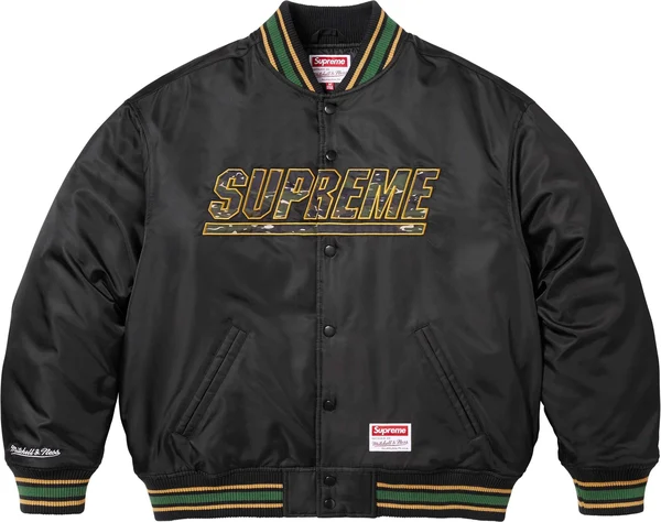 Supreme Mitchell &amp; Ness Camo Logo Varsity Jacket - Black (front)