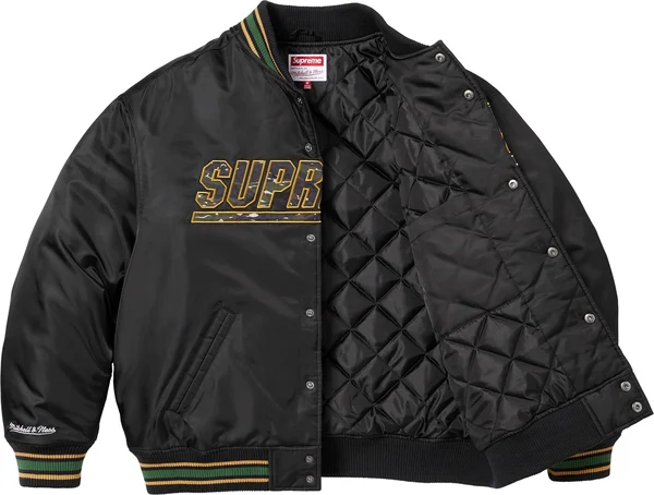 Supreme Mitchell &amp; Ness Camo Logo Varsity Jacket - Black (front)