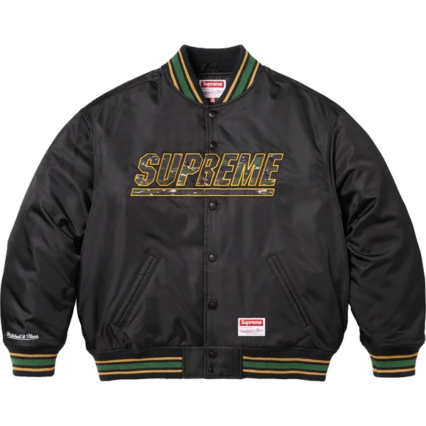 Supreme Mitchell &amp; Ness Camo Logo Varsity Jacket - Black (front)