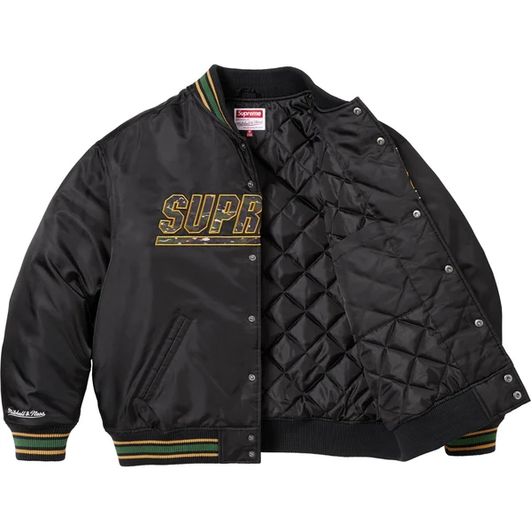 Supreme Mitchell &amp; Ness Camo Logo Varsity Jacket - Black (front)