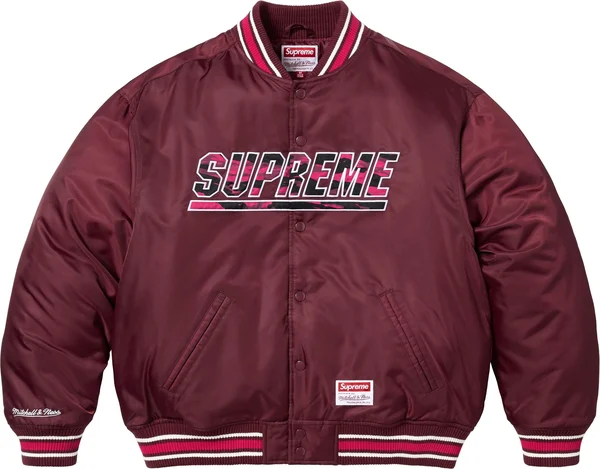 Supreme Mitchell &amp; Ness Camo Logo Varsity Jacket - Burgundy (front)