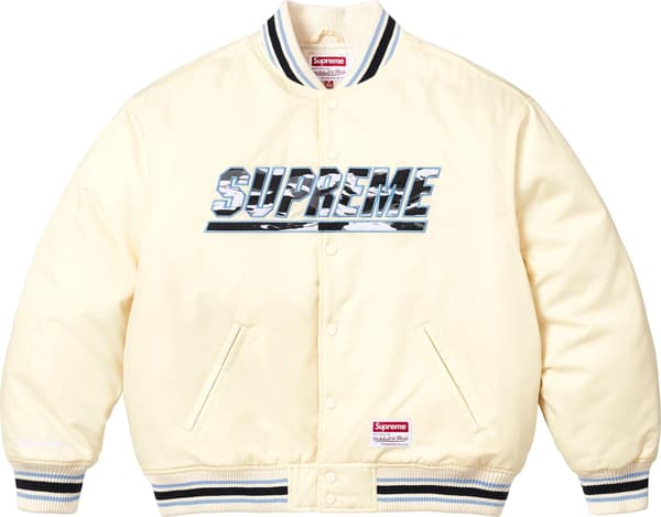 Supreme Mitchell &amp; Ness Camo Logo Varsity Jacket - White (front)