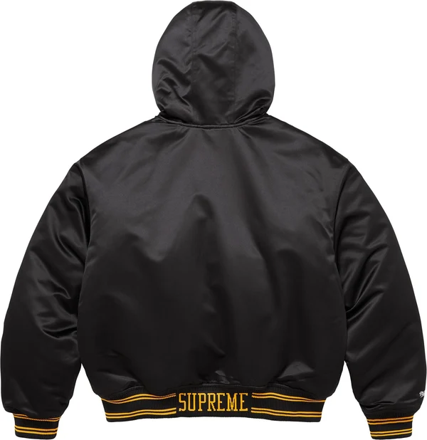 Supreme Mitchell &amp; Ness Lined Hooded Satin Varsity Jacket - Black (front)