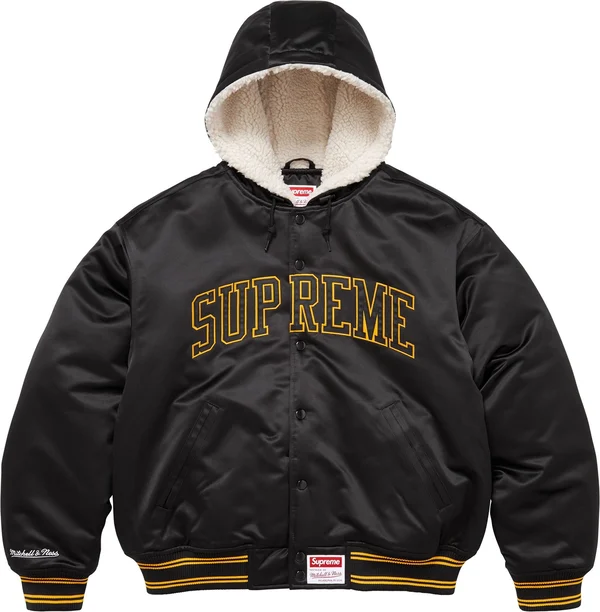 Supreme Mitchell &amp; Ness Lined Hooded Satin Varsity Jacket - Black (front)