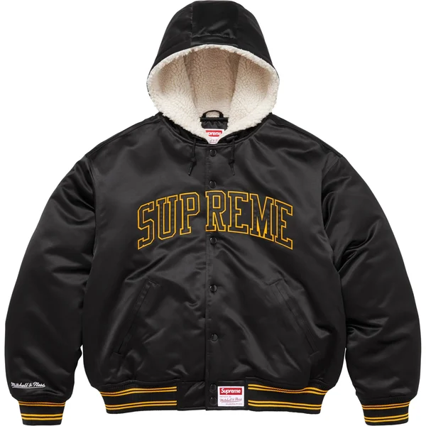 Supreme Mitchell &amp; Ness Lined Hooded Satin Varsity Jacket - Black (front)