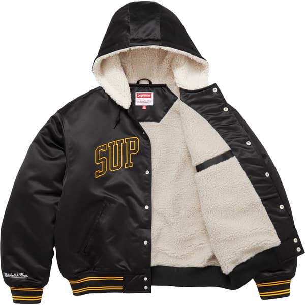 Supreme Mitchell &amp; Ness Lined Hooded Satin Varsity Jacket - Black (front)