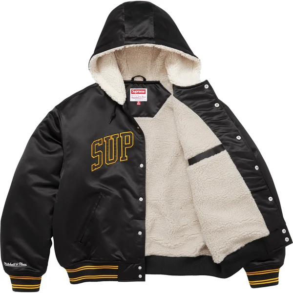 Supreme Mitchell &amp; Ness Lined Hooded Satin Varsity Jacket - Black (front)
