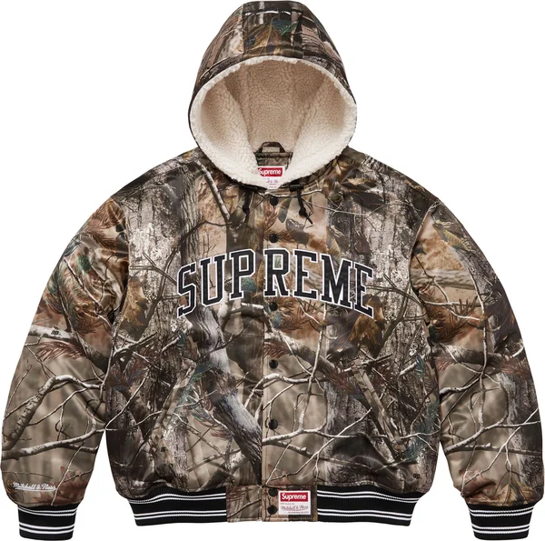 Supreme Mitchell &amp; Ness Lined Hooded Satin Varsity Jacket - Realtree® AP Camo (front)