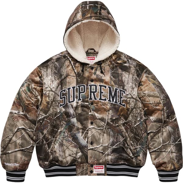 Supreme Mitchell &amp; Ness Lined Hooded Satin Varsity Jacket - Realtree® AP Camo (front)