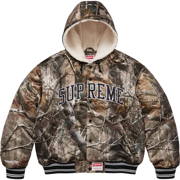Supreme Mitchell &amp; Ness Lined Hooded Satin Varsity Jacket - Realtree® AP Camo (front)
