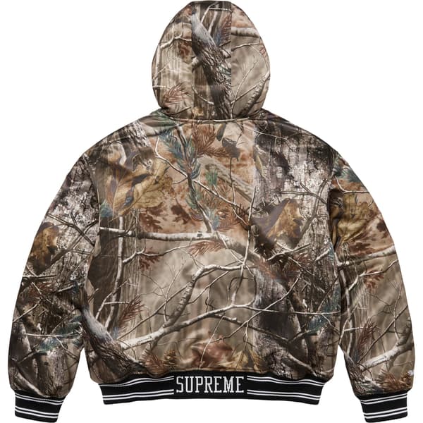 Supreme Mitchell &amp; Ness Lined Hooded Satin Varsity Jacket - Realtree® AP Camo (front)