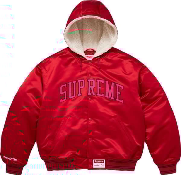 Supreme Mitchell &amp; Ness Lined Hooded Satin Varsity Jacket - Red (front)
