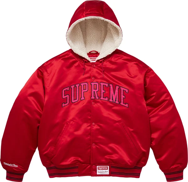 Supreme Mitchell &amp; Ness Lined Hooded Satin Varsity Jacket - Red (front)