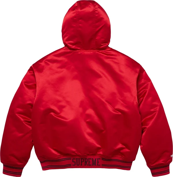Supreme Mitchell &amp; Ness Lined Hooded Satin Varsity Jacket - Red (front)