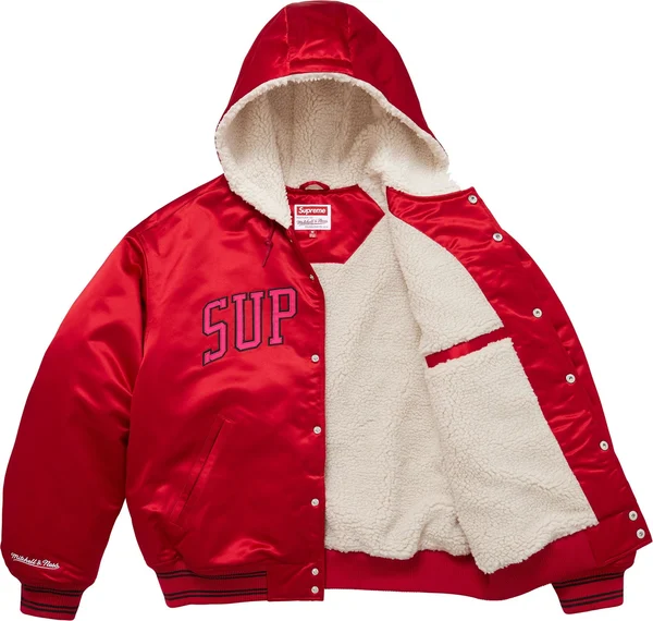 Supreme Mitchell &amp; Ness Lined Hooded Satin Varsity Jacket - Red (front)