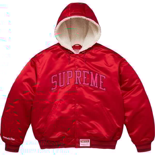 Supreme Mitchell &amp; Ness Lined Hooded Satin Varsity Jacket - Red (front)