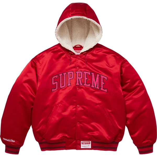 Supreme Mitchell &amp; Ness Lined Hooded Satin Varsity Jacket - Red (front)