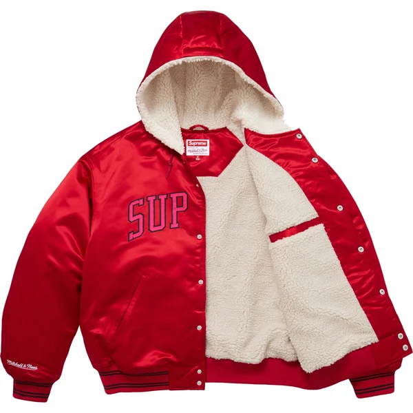 Supreme Mitchell &amp; Ness Lined Hooded Satin Varsity Jacket - Red (front)