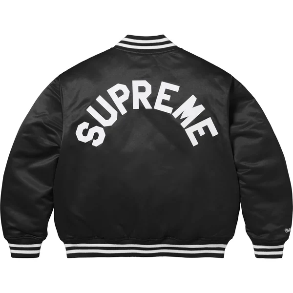 Supreme Mitchell & Ness Satin Varsity Jacket - Black (front)