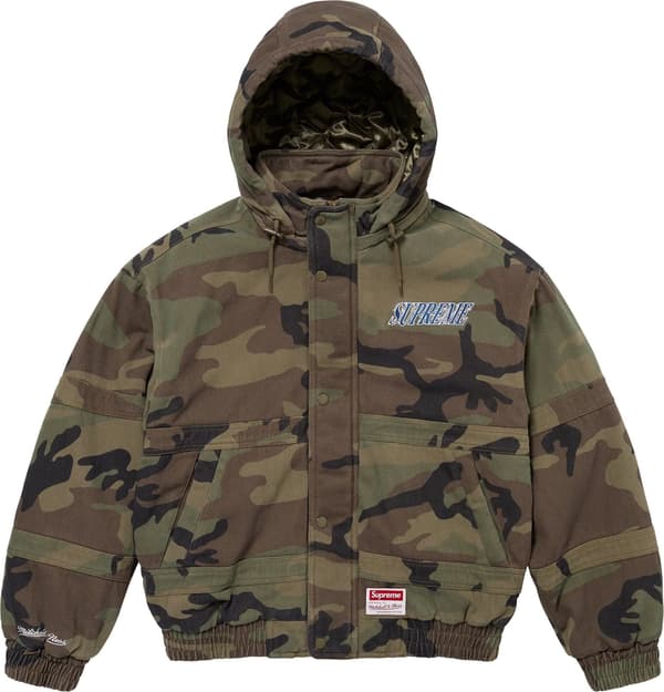 Supreme Mitchell & Ness Twill Stadium Jacket - Woodland Camo (front)
